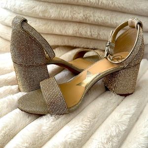 GIANNI BINI HEELS-Sand Gold Bling-Out Ankle Strap Block Heels. Worn once.